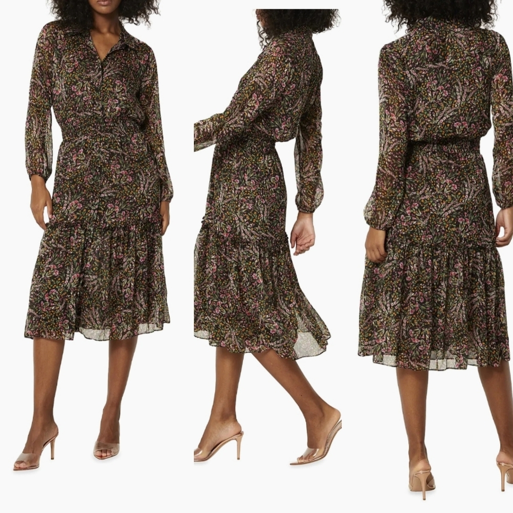 Misa Los Angeles Size S Laysi Floral Single Tiered Midi Dress Black Multicolor